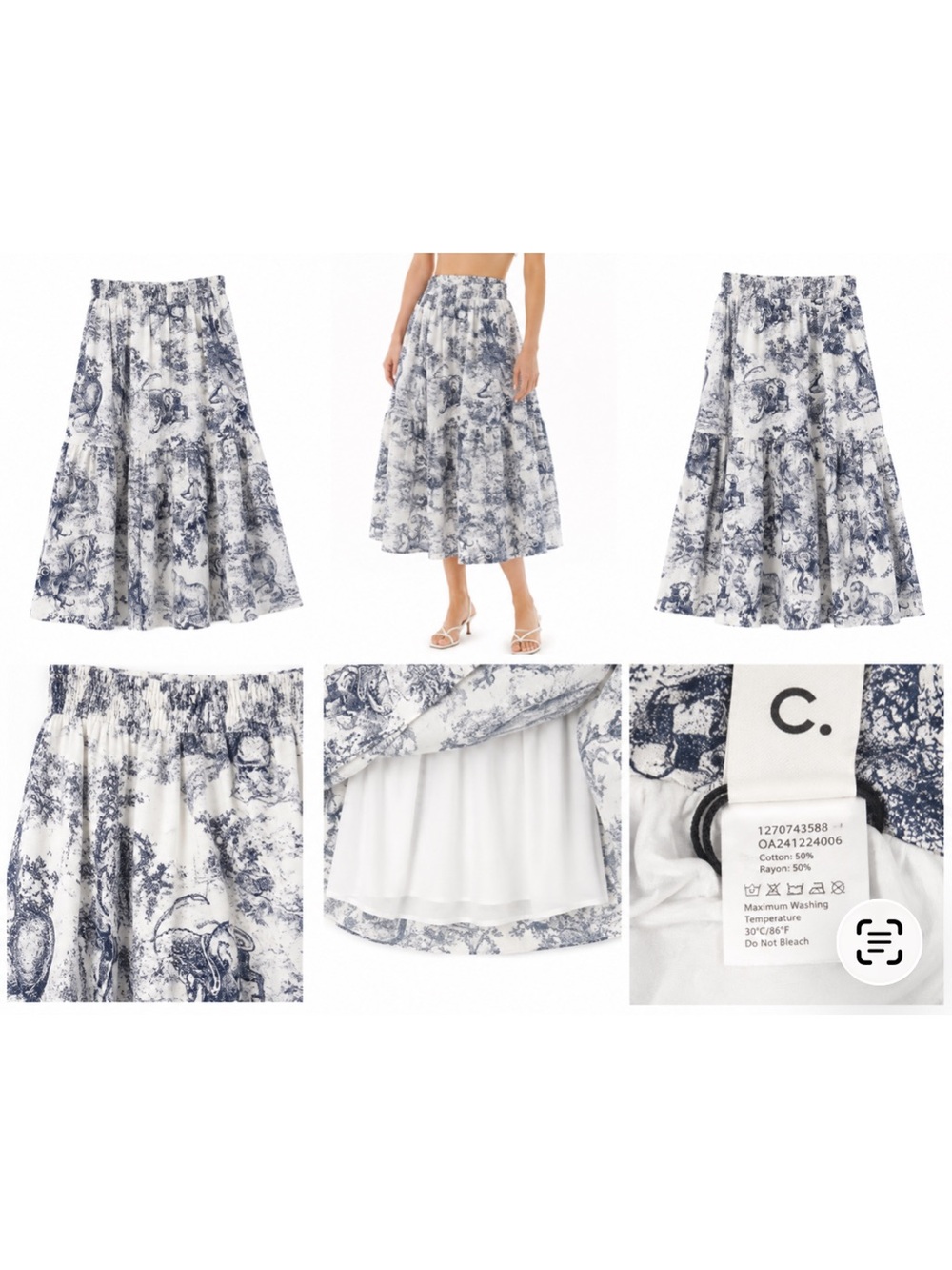 COMMENSE NWT Navy Toile Animal Print Tiered Midi Skirt XS - Picture 4 of 6